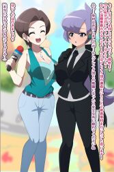 2girls alternate_breast_size anabel_(pokemon) blush breasts breasts_squeezed_together brown_hair curvy gabby_(pokemon) holding holding_microphone low_ponytail microphone multiple_girls nintendo open_mouth outdoors pokemon pokemon_oras pokemon_sm ponytail reporter smile wide_hips yugo-eti