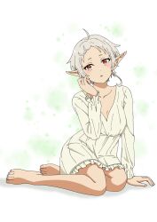 1girl dress elf highres looking_at_viewer mushoku_tensei pointy_ears red_eyes short_hair sitting sylphiette_(mushoku_tensei) white_background white_hair yaken_(11keionnota06)