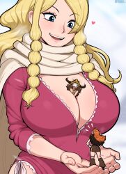 Rule 34 | 1boy, 2girls, afrobull, between breasts, black hair, blonde hair, braided sidelock, breasts, carrying, carrying person, gerd (one piece), giant, giantess, large breasts, monkey d. luffy, multiple girls, nami (one piece), one piece, orange hair, size difference, viking helmet