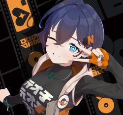 absurdres akaika_(aka) belle_(zenless_zone_zero) black_background black_shirt black_vest blue_eyes blue_hair breasts highres large_breasts one_eye_closed orange_vest shirt short_hair v vest zenless_zone_zero