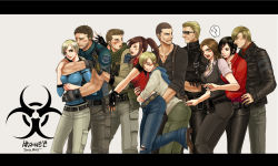 Rule 34 | 5boys, 5girls, ada wong, albert wesker, blonde hair, blush, capcom, chris redfield, claire redfield, denim, helena harper, hug, jake muller, jeans, jill valentine, leon s. kennedy, long hair, multiple boys, multiple girls, pants, piers nivans, ponytail, red hair, resident evil, resident evil - code: veronica, resident evil 2, resident evil 5, resident evil 6, sakura3914, sherry birkin, short hair, smile, sunglasses, time paradox