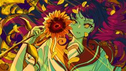 Rule 34 | 1girl, artdroiiid ii, choppy bangs, colorful, commentary, crying, crying with eyes open, english commentary, evening, eyelashes, falling petals, flower, from above, hair spread out, highres, holding, holding flower, light rays, long hair, looking at viewer, lying, mole, mole under eye, mole under mouth, on ground, orange sailor collar, original, outdoors, petals, purple hair, sad, sailor collar, sailor shirt, school uniform, shirt, short sleeves, solo, streaming tears, summer uniform, sunbeam, sunflower, sunlight, tears, upper body, white shirt, yellow eyes, yellow flower