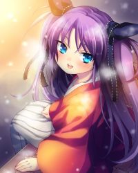 Rule 34 | 1girl, artist request, bench, blue eyes, blue ribbon, hair ribbon, hakama, highres, japanese clothes, little busters!, long hair, looking at viewer, purple hair, ribbon, sasasegawa sasami, smile, solo, two side up, white hakama