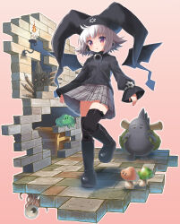 1girl 5others absurdres bat_wings black_boots black_hat black_shirt black_sweater black_thighhighs black_wings boots breasts commentary_request detached_wings dungeon earrings floating_clothes full_body hat hexagram highres jewelry kuro_unyuu looking_at_viewer mayura monster multiple_others mushroom naox open_mouth orb pink_background plaid_clothes plaid_skirt purple_eyes shirt short_hair skirt slime_(creature) small_breasts sphere_earrings star_of_david sweater thighhighs treasure_chest ukagaka white_hair white_skirt wings zettai_ryouiki