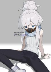 1girl arm_support artist_name bare_shoulders black_leggings black_mask black_pants blue_eyes bracelet cameltoe colored_eyelashes commentary_request dated deux_murasame flat_chest freckles grey_hair gundam gundam_gquuuuuux hair_between_eyes hair_bun highres itinana jewelry leggings long_hair mask masked mouth_mask pants purple_pupils ribbed_tank_top scarf sitting sleeveless solo spread_legs tight_clothes tight_pants twitter_username updo white_eyelashes white_hair