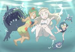 3girls :d ;) ass bare_arms bare_legs barefoot bikini bikini_shorts blonde_hair blue_hair blush brionne creatures_(company) feet freediving full_body game_freak gen_1_pokemon gen_7_pokemon green_eyes green_hair grin hair_ornament highres holding_hands interlocked_fingers knees_up lana_(pokemon) lillie_(pokemon) long_hair looking_at_viewer mallow_(pokemon) multiple_girls nintendo nomura_(buroriidesu) ocean one-piece_swimsuit one_eye_closed open_mouth pale_skin pokemon pokemon_(anime) pokemon_(creature) pokemon_sm_(anime) popplio revision shorts smile soles staryu swimming swimsuit toes trial_captain twintails underwater v wishiwashi wishiwashi_(school)