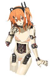 1girl a.i._voice adachi_rei alternate_costume android arm_at_side bikini cable cropped_legs flat_chest hand_up headlamp headset highres hole_in_stomach joints looking_at_viewer mechabare medium_hair natwjeq one_side_up open_mouth orange_bikini orange_eyes orange_hair radio_antenna ringed_eyes robot_joints simple_background solo standing strap_pull striped_bikini striped_clothes swimsuit thigh_gap utau white_background