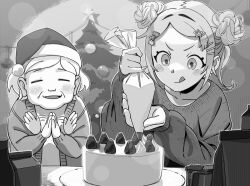 Rule 34 | 2girls, :p, baking, cake, christmas, christmas tree, clapping, closed mouth, double bun, food, hair bun, hat, magotsuki (hurray), multiple girls, nakagawa moemi, old, old woman, pastry bag, santa hat, suufunkan no yell wo, sweater, tongue, tongue out