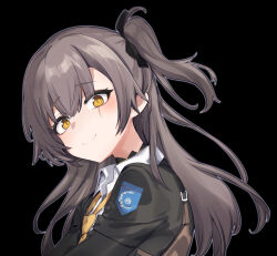 1girl aningay black_background black_bow black_jacket bow brown_hair closed_mouth collared_shirt commentary english_commentary girls&#039;_frontline girls&#039;_frontline_2:_exilium highres jacket leva_(girls&#039;_frontline_2) long_hair necktie one_side_up scar scar_across_eye scar_on_face shirt smile solo ump45_(girls&#039;_frontline) upper_body white_shirt yellow_eyes yellow_necktie