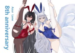 2girls absurdres animal_ear_fluff animal_ears azur_lane black_hair blue_eyes blue_garter_straps blue_leotard bow bowtie breasts dawn_4396s fake_animal_ears flexible fox_ears fox_girl fox_tail highres holding_own_leg huge_breasts kneepits large_tail leg_hold leg_lift leg_up leotard long_hair multiple_girls multiple_tails official_alternate_costume pantyhose playboy_bunny rabbit_ears red_bow red_bowtie red_eyes red_leotard shinano_(azur_lane) shinano_(visions_of_fantasy)_(azur_lane) split standing standing_on_one_leg standing_split strapless strapless_leotard taihou_(azur_lane) taihou_(fun_on_the_baize)_(azur_lane) tail thigh_strap thighhighs torn_clothes white_hair white_tail white_thighhighs wrist_cuffs