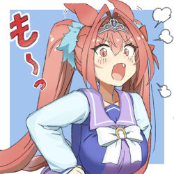 Rule 34 | 1girl, absurdres, animal ears, blush, bow, breasts, brown eyes, brown hair, commentary request, daiwa scarlet (umamusume), eyelashes, fang, hair between eyes, hand on own hip, highres, horse ears, horse girl, large breasts, long hair, long sleeves, open mouth, over go au, puff of air, purple sailor collar, sailor collar, school uniform, simple background, solo, tiara, tracen school uniform, translation request, twintails, umamusume, upper body