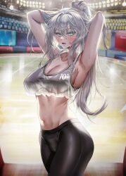 1girl absurdres armpits arms_behind_head arms_up bare_arms bare_shoulders black_pants black_sports_bra blush breasts cleavage collarbone cowboy_shot crop_top crop_top_overhang hair_between_eyes highres korean_commentary large_breasts long_hair looking_at_viewer midriff navel nompang novel_illustration official_art open_mouth original pants pantyhose ponytail see-through_clothes shirt sleeveless sleeveless_shirt solo sports_bra stadium standing stomach sweat taut_clothes variant_set white_shirt yoga_pants