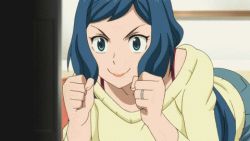 10s 1girl animated animated_gif ass_shake blue_eyes blue_hair bouncing_breasts breasts gundam gundam_build_fighters iori_rinko jewelry large_breasts long_hair lowres matching_hair/eyes mature_female ponytail ring screencap shorts
