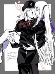 1boy 1girl atyakodayo1 bandaged_head bandages black_jacket black_pants black_serafuku black_shirt black_skirt blush border carrying closed_mouth covered_face cowboy_shot gakuran gakuseibou geminism gloves grey_border hair_ribbon half-closed_eye hand_on_another&#039;s_cheek hand_on_another&#039;s_face hat heart highres hirosoma_kikyou jacket long_hair long_sleeves looking_at_another one_eye_covered open_mouth outside_border pants princess_carry purple_ribbon ribbon school_uniform serafuku shirt simple_background skirt smile staring translation_request two_side_up very_long_hair white_background white_gloves white_hair yamaga_awasumi