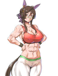 Rule 34 | 1girl, abs, absurdres, alternate costume, animal ears, bare shoulders, breasts, brown eyes, brown hair, cleavage, commentary request, cowboy shot, ear covers, ear ornament, glasses, green-framed eyewear, hands on own hips, highres, horse ears, horse girl, horse tail, large breasts, midriff, minew, muscular, muscular female, navel, pants, red sports bra, royce and royce (umamusume), semi-rimless eyewear, short hair, sideboob, sidelocks, simple background, solo, sports bra, tail, umamusume, white background, white pants, wristband