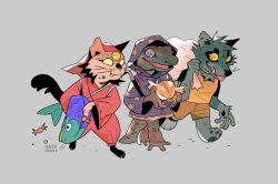 3others animal_bag animal_ears artist_name bag bakeneko candy closed_mouth commentary english_commentary food full_body furry gatoiberico gecko grey_background halloween highres holding holding_bag hood hood_up long_sleeves multiple_others open_mouth original pawpads simple_background star_(symbol) star_print tail tongue tongue_out yellow_eyes