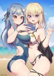 2girls absurdres bang_dream! bang_dream!_it&#039;s_mygo!!!!! beach belly-to-belly bikini blonde_hair blue_hair blush breasts breasts_squeezed_together brown_eyes cloud hand_on_another&#039;s_waist highres large_breasts long_hair misumi_uika multiple_girls one-piece_swimsuit open_mouth phone purple_eyes sky standing stomach swimsuit togawa_sakiko v very_long_hair white_bikini yzlkun