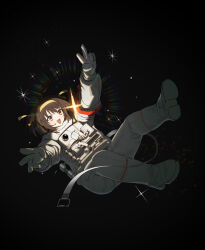1girl :d absurdres ahoge alternate_costume armband astronaut brown_eyes brown_hair commentary_request full_body gloves hair_ribbon hairband highres medium_hair open_mouth red_armband ribbon rihaku_(lb1416034349) smile solo space spacesuit sparkle suzumiya_haruhi suzumiya_haruhi_no_yuuutsu tongue v white_gloves yellow_hairband yellow_ribbon