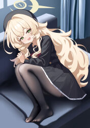 1girl absurdres beret black_hat black_pantyhose black_sailor_collar black_shirt black_skirt blonde_hair blue_archive blush bow couch crossed_bangs curtains feet fluffy_hair green_eyes green_halo hair_between_eyes hair_intakes half-closed_eyes halo hat highres loli long_hair looking_at_viewer no_shoes on_couch open_mouth pantyhose professor_niyaniya_(blue_archive) red_bow sailor_collar shirt skirt smile solo styx toenails toes very_long_hair wavy_hair yellow_halo