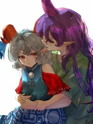 2girls blue_dress blue_ribbon clothes_writing curly_hair detached_sleeves dress earrings eneshi feet_out_of_frame green_shirt highres hoop_earrings horizontal_pupils horn_ornament horn_ribbon horns hug jewelry long_hair meandros multiple_girls open_mouth patterned_clothing pointy_ears purple_hair purple_horns rectangular_pupils red_eyes red_horns red_sleeves ribbon sheep_horns shirt short_hair short_sleeves signature single_horn tenkajin_chiyari touhou toutetsu_yuuma white_background