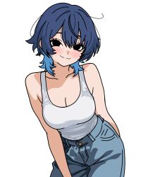 1girl :3 becauseimajinx black_eyes blue_hair blush breasts cleavage closed_mouth colored_inner_hair denim highres jeans large_breasts looking_at_viewer multicolored_hair original pants short_hair simple_background smile solo tank_top white_background white_tank_top