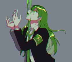 1boy arms_up black_suit collared_shirt colored_sclera dripping formal_clothes green_arm green_eyes green_hair green_necktie green_sclera green_theme head_tilt lobotomy_corporation looking_at_viewer medium_hair medu_(rubish) monochrome necktie netzach_(project_moon) open_mouth outstretched_arms project_moon shirt slime_(substance) slime_(substance)_on_face solo spread_fingers suit upper_body white_shirt