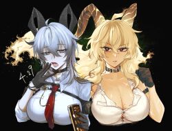 1girl armband black_armband black_choker black_gloves black_horns boke_aho_nara breasts can chest_harness choker clenched_hand collarbone commentary_request cropped_torso curled_horns dated drink_can earrings gloves grey_hair hair_between_eyes hand_up harness highres holding holding_can horns jewelry key_earrings large_breasts long_hair looking_at_viewer multiple_views necktie open_mouth red_eyes red_necktie shirt torn_clothes torn_shirt white_shirt wuthering_waves yawning zani_(wuthering_waves)