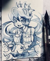 Rule 34 | 1girl, 2024, blush stickers, breasts, dated, filia (skullgirls), highres, large breasts, long hair, looking at viewer, necktie, open mouth, pen (medium), pleated skirt, ryantoruhuhu, school uniform, skirt, skullgirls, smile, solo, traditional media, watercolor pencil (medium)