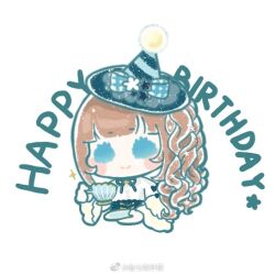 1girl birthday black_corset black_flower blue_bow blue_eyes blue_hat blue_ribbon blunt_bangs blush_stickers bow brooch brown_hair chibi closed_mouth corset cropped_torso cup double-parted_bangs english_text eyelashes flower frilled_sleeves frills happy_birthday hat hat_bow hat_flower holding holding_cup holding_saucer jewelry lolory_(shining_nikki) long_hair long_sleeves neck_ribbon nikki_(series) party_hat plaid_bow pom_pom_(clothes) ribbon saucer shining_nikki shirt side_ponytail simple_background smile solid_circle_eyes solo sparkle star_brooch striped_hat teacup two-tone_sleeves watermark wavy_hair weibo_watermark white_background white_flower white_shirt wide_sleeves xiaoyu_qixing yellow_sleeves
