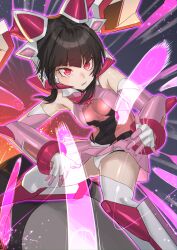 1girl arm_armor black_hair breasts commentary_request gloves haishima_xv headgear highres leotard open_mouth pink_eyes pink_skirt senki_zesshou_symphogear serious skirt small_breasts solo spinning_weapon symphogear_pendant thighhighs tsukuyomi_shirabe twintails white_thighhighs yo-yo