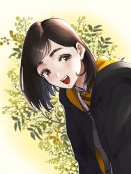 1girl black_hair black_robe blush brown_eyes commentary_request highres hogwarts_legacy hogwarts_school_uniform hood hood_down hooded_robe hufflepuff looking_at_viewer necktie onigishi open_mouth poppy_sweeting robe school_uniform short_hair smile solo swept_bangs teeth upper_teeth_only white_background wizarding_world yellow_necktie