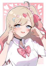 Rule 34 | 1girl, armband, black choker, blonde hair, blue eyes, blush, bow, bowtie, chacha kamimaru, choker, frilled hairband, frills, gyaru, hair ornament, hairband, heart, heart hair ornament, heart hands, highres, kedarui aashii, kimi no koto ga dai dai dai dai daisuki na 100-nin no kanojo, ohananomitsu high school uniform, ohananomitsu middle school uniform, outline, pink armband, pink background, pink bow, pink bowtie, school uniform, shirt, smile, upper body, white outline, white shirt