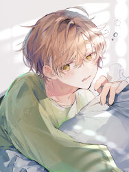 Rule 34 | 1boy, absurdres, blush, brown hair, commentary, green shirt, hair between eyes, highres, indoors, long sleeves, male focus, on bed, open mouth, original, pillow, shirt, short hair, solo, squeans, symbol-only commentary, u-sama (u summer0719), waking up, window shadow, yellow eyes