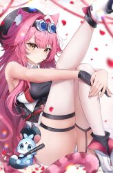 Rule 34 | 1girl, absurdres, animal ear fluff, animal ears, blush, breasts, highres, hololive, hololive english, lacia everlight, long hair, looking at viewer, multicolored hair, open mouth, panther ears, panther girl, panther tail, pink hair, raora panthera, smile, tail, thick thighs, thighs, underwear around one leg, virtual youtuber