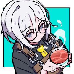 1girl alternate_costume an_apple_akaao apron black_shirt blue_background blue_eyes border brown_apron closed_mouth collared_shirt cup faust_(project_moon) glasses holding holding_cup limbus_company long_sleeves looking_at_object necktie project_moon round_eyewear shirt short_hair simple_background solo tea upper_body white_border white_hair yellow_necktie