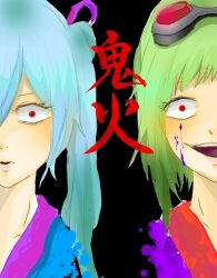 2girls aqua_hair black_background blood blood_on_face blue_kimono commentary_request crazy_eyes crazy_smile goggles goggles_on_head green_hair gumi gumi09 hair_between_eyes hair_ribbon hatsune_miku japanese_clothes kimono long_hair looking_at_viewer multiple_girls oni_to_kitsune_no_hanashi onibi_(vocaloid) open_mouth partial_commentary purple_blood purple_kimono purple_ribbon red_eyes red_goggles ribbon short_hair smile song_name translated twintails upper_body vocaloid wide-eyed