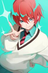 1girl absurdres alohayuja amate_yuzuriha aqua_eyes aqua_shirt aqua_skirt blush breasts collared_shirt gundam gundam_gquuuuuux highres long_sleeves looking_at_viewer necktie red_hair school_uniform shirt short_hair skirt smile solo sweater upper_body