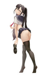 1girl absurdres ass black_hair black_thighhighs blue_sailor_collar blue_skirt blush closed_mouth crop_top genshin_impact grey_eyes hair_between_eyes highres holding holding_shoes holding_unworn_clothes l_ract long_hair mona_(genshin_impact) no_panties no_shoes pleated_skirt sailor_collar school_uniform serafuku shirt shoes short_sleeves simple_background skirt solo thighhighs twintails unworn_shoes very_long_hair white_background white_shirt