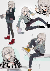 1girl absurdres black_choker black_jacket black_pants black_shirt black_socks blue_jacket blue_pants blush book cd cd_case choker closed_mouth commentary cup earclip girls_band_cry grey_eyes grey_hair grey_hoodie highres holding holding_cd holding_cup hood hoodie jacket kawaragi_momoka long_hair long_sleeves looking_at_viewer open_mouth pants red_footwear shirt shoes simple_background sitting smile socks striped_clothes striped_shirt white_background white_shirt ydpfa yellow_shoes