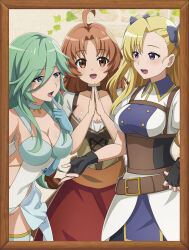 3girls ahoge belt black_gloves blonde_hair blue_eyes blue_leotard braid braided_ponytail breasts brown_belt brown_eyes brown_hair cleavage commentary_request curtained_hair elbow_gloves fingerless_gloves gloves green_hair hair_between_eyes hand_on_own_hip hand_up hands_up highres kaiko_sareta_ankoku_heishi_(30-dai)_no_slow_na_second_life laidy leotard looking_at_another looking_at_viewer malika_(ankoku_heishi) multiple_girls official_art open_mouth parted_bangs promotional_art puffy_short_sleeves puffy_sleeves purple_eyes red_skirt short_sleeves skirt smile thighhighs two_side_up yonezawa_satomi zebiantes