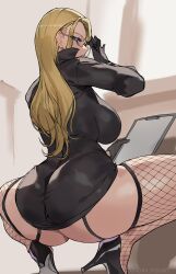 1girl ashiomi_masato backboob black_dress blonde_hair blue_eyes breasts dress fishnet_thighhighs fishnets from_behind garter_straps glasses high_heels highres huge_breasts kalifa_(one_piece) large_breasts looking_at_viewer looking_back one_piece squatting thighhighs