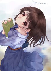 1girl abstract_background absurdres ame_oto_aw artist_name bag belt blue_bag breasts brown_belt brown_eyes brown_hair choppy_bangs closed_mouth commentary_request dated expressionless floating_clothes hands_up highres holding holding_notebook light_blush long_hair long_skirt long_sleeves looking_at_viewer looking_up medium_breasts necktie notebook original pleated_skirt purple_necktie purple_shirt purple_skirt school_bag shirt skirt solo standing zipper_pull_tab