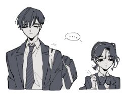 Rule 34 | ..., 1boy, 1girl, alien stage, bag, blazer, bow, bowtie, closed mouth, collared shirt, expressionless, hairband, height difference, itokin0, ivan (alien stage), jacket, looking to the side, necktie, ponytail, school bag, school uniform, shared speech bubble, shirt, short hair, short ponytail, shoulder bag, simple background, speech bubble, spoken ellipsis, sua (alien stage), white background