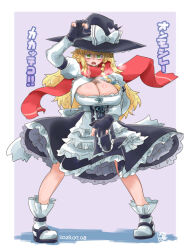 1girl arm_up bags_under_eyes black_gloves black_hat black_sandals black_skirt blonde_hair blue_bow blush bow braid breasts cleavage commentary_request cookie_(touhou) dated frilled_skirt frills full_body gloves green_eyes hair_bow hat hat_bow highres itini-sanshi kirisame_marisa large_breasts long_hair looking_at_viewer mars_(cookie) messy_hair open_mouth partially_fingerless_gloves purple_background sandals shirt side_braid single_braid skirt socks solo standing touhou translation_request white_background white_bow white_shirt white_socks witch_hat
