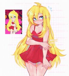 1girl bare_shoulders blonde_hair breasts cleavage cowboy_shot dress game_screenshot_inset long_hair nasukichan panty_&amp;_stocking_with_garterbelt panty_(psg) red_dress solo