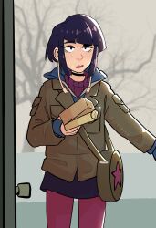 1girl artist_name asymmetrical_bangs bag bare_tree black_choker black_eyes black_eyeshadow black_skirt blue_gloves blunt_bangs boku_no_hero_academia box brown_bag brown_jacket choker cold commentary cosplay cowboy_shot delivery english_commentary eyelashes eyeshadow fingerless_gloves gloves highres holding holding_box jacket jiro_kyoka light_blush long_sleeves looking_at_viewer makeup messenger_bag miniskirt nose open_door outdoors pantyhose parted_lips pink_pantyhose purple_hair purple_sweater raised_eyebrow ramona_flowers ramona_flowers_(cosplay) ribbed_sweater scene_reference scott_pilgrim_(series) short_hair short_hair_with_long_locks shoulder_bag sidelocks signature skirt snow solo standing star_(symbol) sweater talking teeth thick_eyebrows tree trevbien twitter_username upper_teeth_only winter