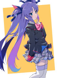 Rule 34 | 1girl, ahoge, akayama yukihe, arm at side, black jacket, blue eyes, blue ribbon, blush, border, bow, commentary, cowboy shot, eyes visible through hair, floating clothes, floating hair, frilled ribbon, frilled thighhighs, frills, grey skirt, hair between eyes, hair ribbon, hand up, highres, index finger raised, jacket, little busters!, long hair, long sleeves, looking at viewer, miniskirt, parted lips, pink bow, plaid clothes, plaid skirt, pleated skirt, purple hair, ribbon, sasasegawa sasami, school uniform, simple background, skirt, sleeves past wrists, solo, standing, thighhighs, two-tone background, two side up, very long hair, white border, white thighhighs, yellow background, zettai ryouiki