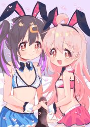 1boy 2girls :d ahoge animal_ear_hairband animal_ears bare_arms bare_shoulders bed_sheet black_bow black_bowtie black_hair black_hairband blue_skirt blush bow bowtie breasts brown_eyes censored commentary_request detached_collar fake_animal_ears flat_chest frilled_skirt frills hair_between_eyes hair_ornament hair_scrunchie hairband hairclip hand_to_hand handjob heart long_hair miniskirt mochitsuki_kagami mosaic_censoring multicolored_hair multiple_girls official_alternate_costume onii-chan_wa_oshimai! open_mouth oyama_mahiro oyama_mihari paid_reward_available penis pink_hair pink_skirt purple_hair rabbit_ears scrunchie siblings sisters skirt small_breasts smile suspender_skirt suspenders twintails two-tone_hair very_long_hair white_scrunchie wrist_cuffs
