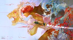 1boy absurdres artist_logo beard_stubble bird black_cape blue_feathers cape facial_hair feathers highres holding holding_sword holding_weapon logo one_piece open_clothes open_shirt pheasant red_hair saber_(weapon) shanks_(one_piece) shirt silly_chaotic stubble sword weapon white_shirt