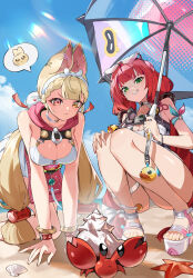 2girls absurdres alice_thymefield alice_thymefield_(sea_of_thyme) all_fours animal animal_ears bare_shoulders beach blonde_hair blue_sky blunt_bangs blush braid braided_twintails breasts cleavage closed_mouth cloud crab crustacean day eyewear_on_head green_eyes heart heart-shaped_eyewear hermit_crab heterochromia highres holding holding_umbrella long_hair low_twintails multiple_girls ocean official_alternate_costume one-piece_swimsuit open_mouth outdoors pink_one-piece_swimsuit ppangchil rabbit_girl red_eyes red_hair sand sandals seashell shell sky smile sphere_hair_ornament squatting sweat swimsuit toes transparent transparent_umbrella twintails two-tone_one-piece_swimsuit ukinami_yuzuha ukinami_yuzuha_(tanuki_in_broad_daylight) umbrella very_long_hair water white_one-piece_swimsuit yellow_eyes zenless_zone_zero